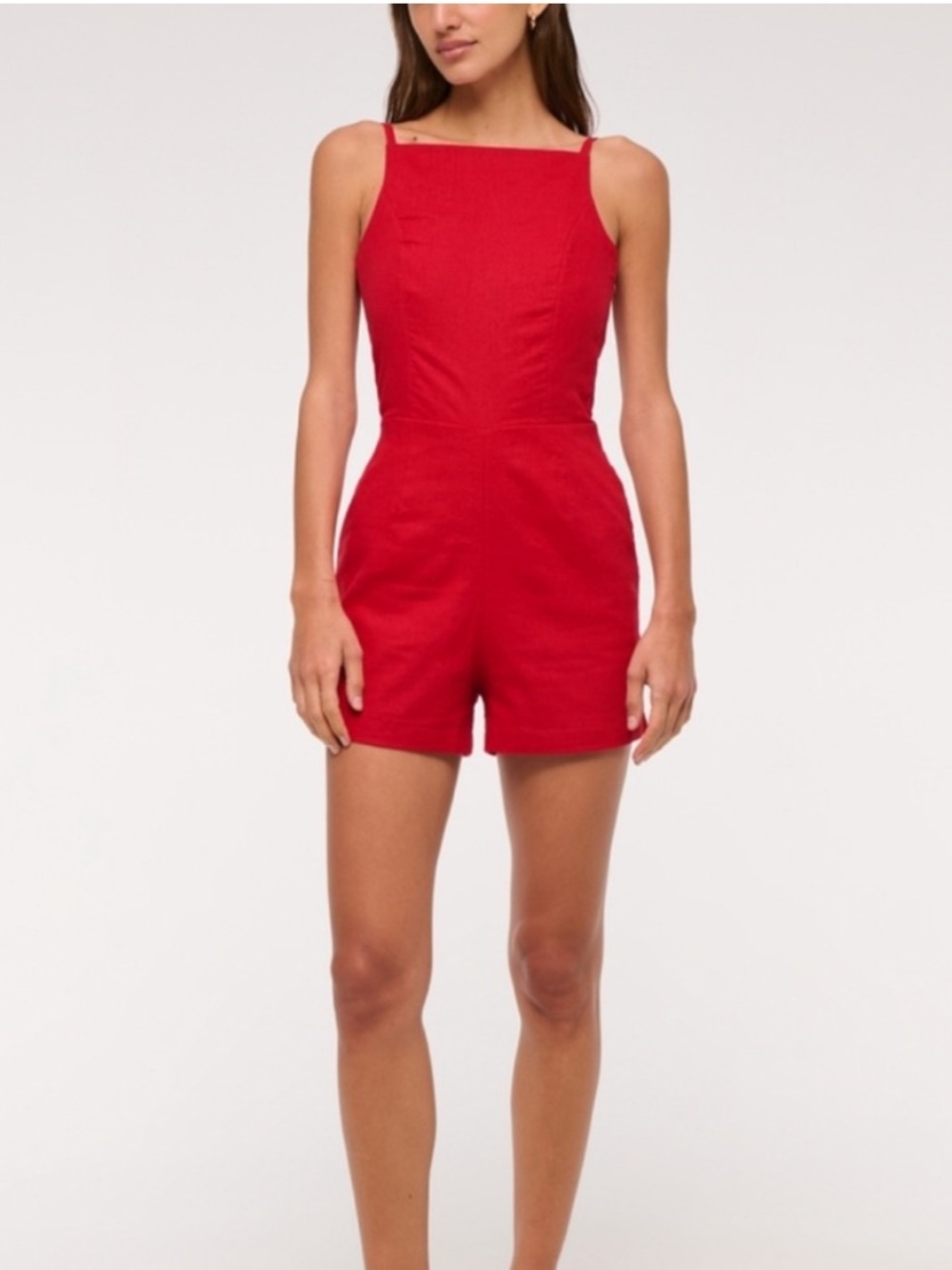 Abercrombie and Fitch Apron Linen-Blend Romper Red small